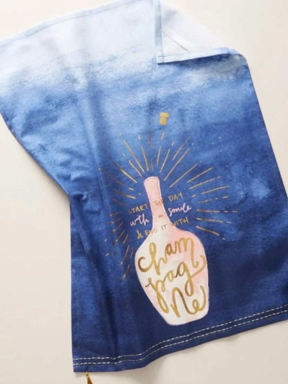 Anthropologie NWOT Champagne Tea Towel, Blue/Pink/Gold